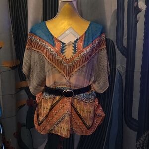 Aa Studio Multicolor Belted Batwing Top with Tribal Patterns